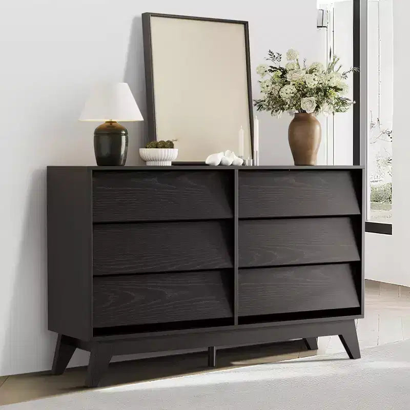 6 Drawer Dresser for Bedroom, 47.2 Modern Chest of Drawers, Wooden Dresser TV Stand, Dresser Storage Cabinet for Closet Living Room, Black