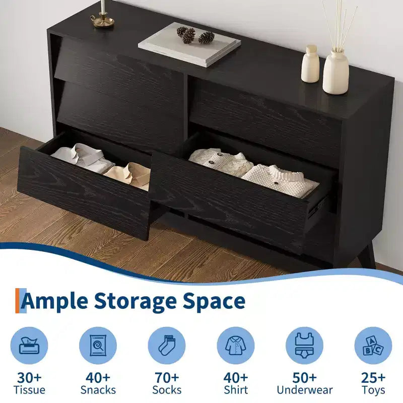 6 Drawer Dresser for Bedroom, 47.2 Modern Chest of Drawers, Wooden Dresser TV Stand, Dresser Storage Cabinet for Closet Living Room, Black