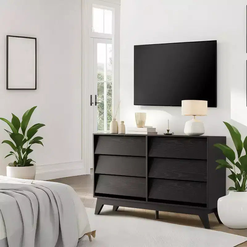 6 Drawer Dresser for Bedroom, 47.2 Modern Chest of Drawers, Wooden Dresser TV Stand, Dresser Storage Cabinet for Closet Living Room, Black