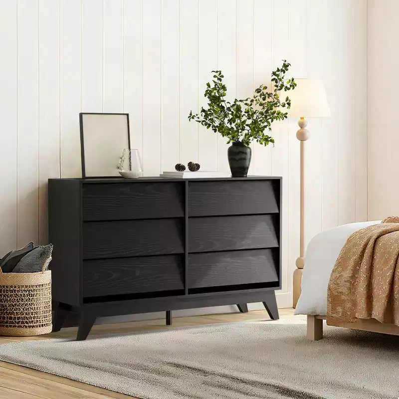 6 Drawer Dresser for Bedroom, 47.2 Modern Chest of Drawers, Wooden Dresser TV Stand, Dresser Storage Cabinet for Closet Living Room, Black