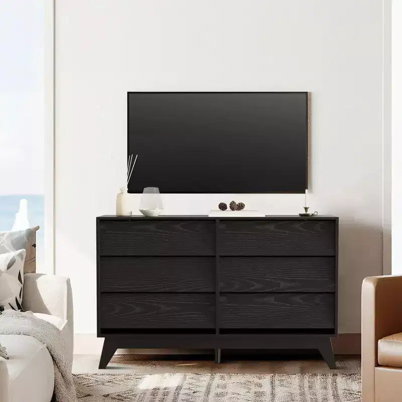 6 Drawer Dresser for Bedroom, 47.2 Modern Chest of Drawers, Wooden Dresser TV Stand, Dresser Storage Cabinet for Closet Living Room, Black