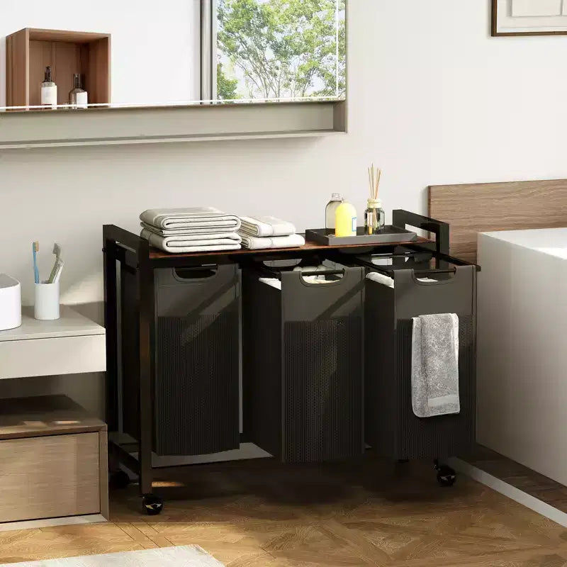 3-Bag Laundry Sorter Hamper with Removable Waterproof Bags and Shelf, Rolling Wheels or Adjustable Feet, 25.8 Gal Storage Organizer