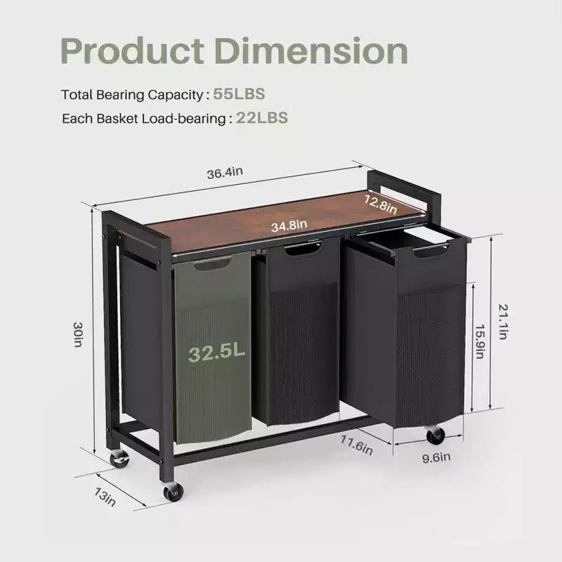 3-Bag Laundry Sorter Hamper with Removable Waterproof Bags and Shelf, Rolling Wheels or Adjustable Feet, 25.8 Gal Storage Organizer