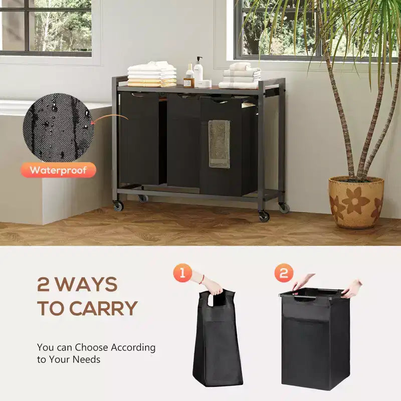 3-Bag Laundry Sorter Hamper with Removable Waterproof Bags and Shelf, Rolling Wheels or Adjustable Feet, 25.8 Gal Storage Organizer