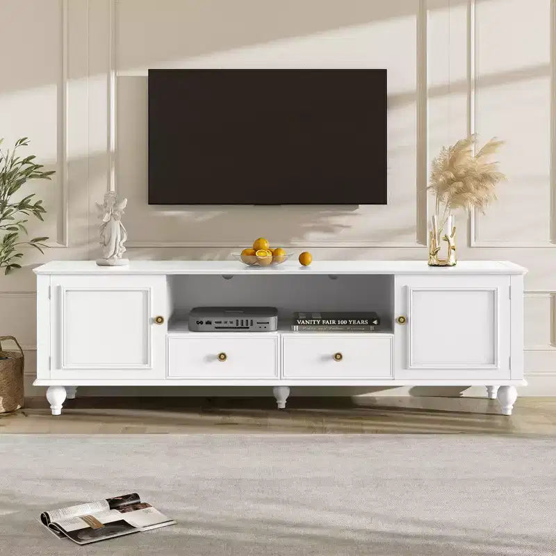 JVNOXK 70.9-inch Modern TV Stand, suitable for TVs under 80 inches. This entertainment center features open shelving and two drawers, forliving room