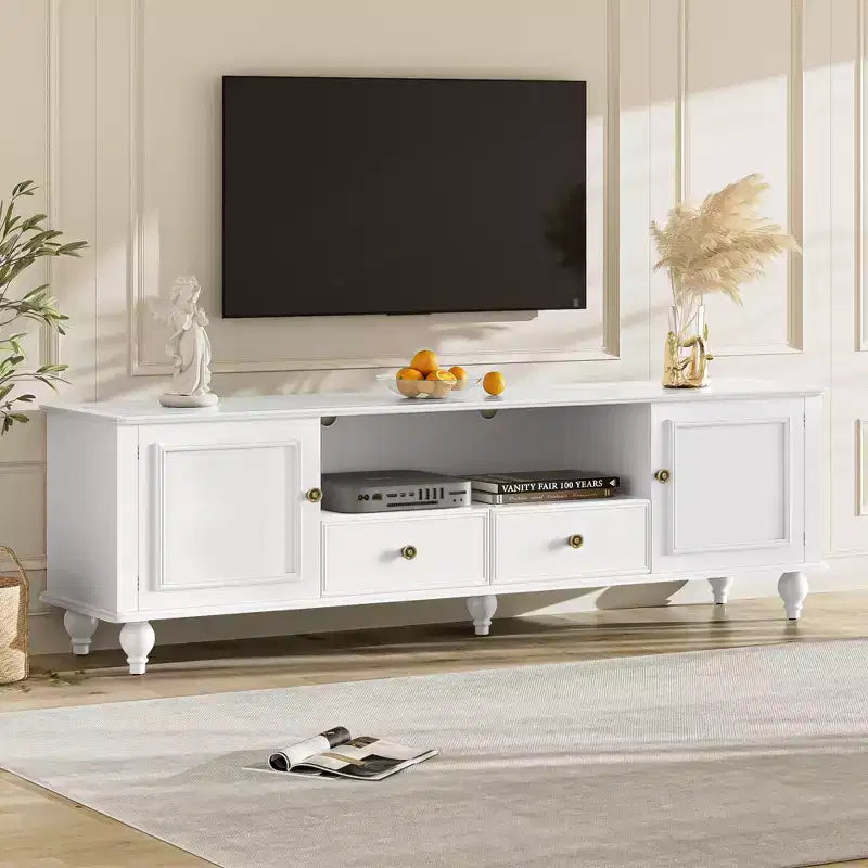 70.9-inch Modern TV Stand, suitable for TVs under 80 inches. This entertainment center features open shelving and two drawers, forliving room