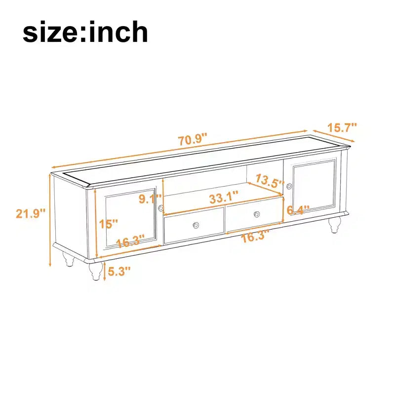 70.9-inch Modern TV Stand, suitable for TVs under 80 inches. This entertainment center features open shelving and two drawers, forliving room