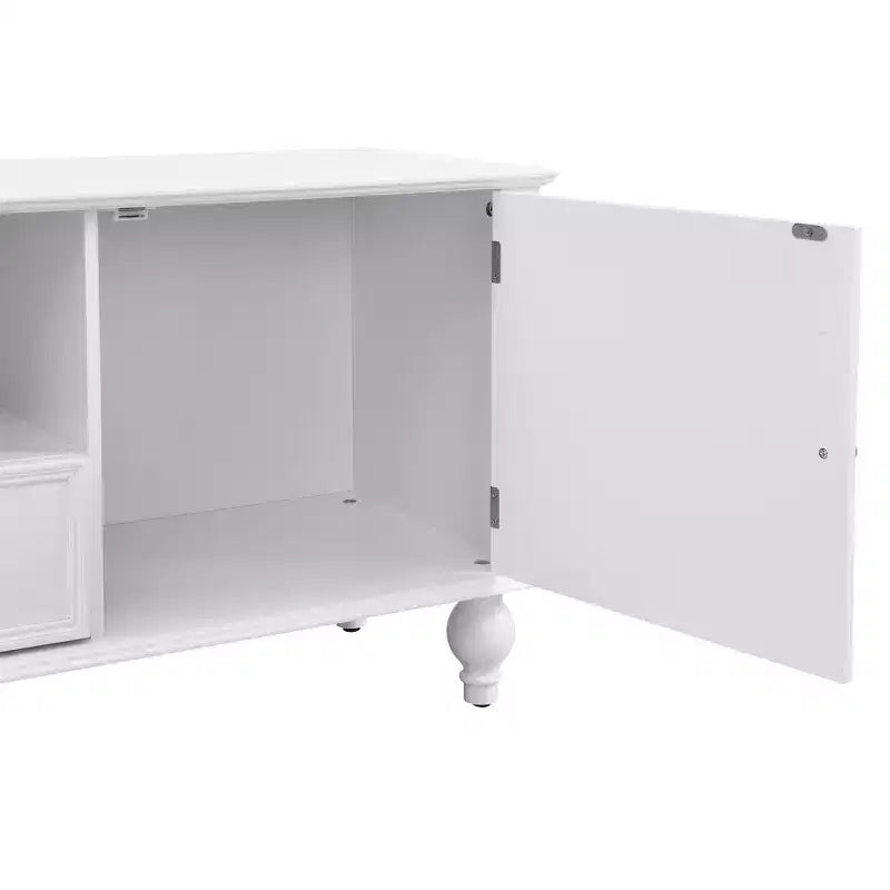 70.9-inch Modern TV Stand, suitable for TVs under 80 inches. This entertainment center features open shelving and two drawers, forliving room