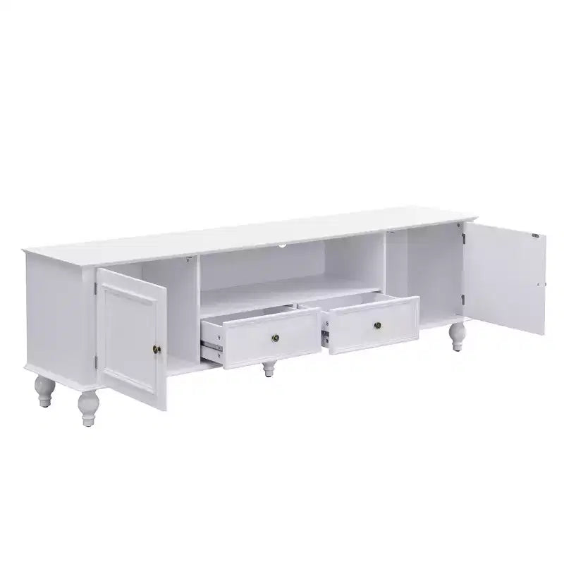 70.9-inch Modern TV Stand, suitable for TVs under 80 inches. This entertainment center features open shelving and two drawers, forliving room