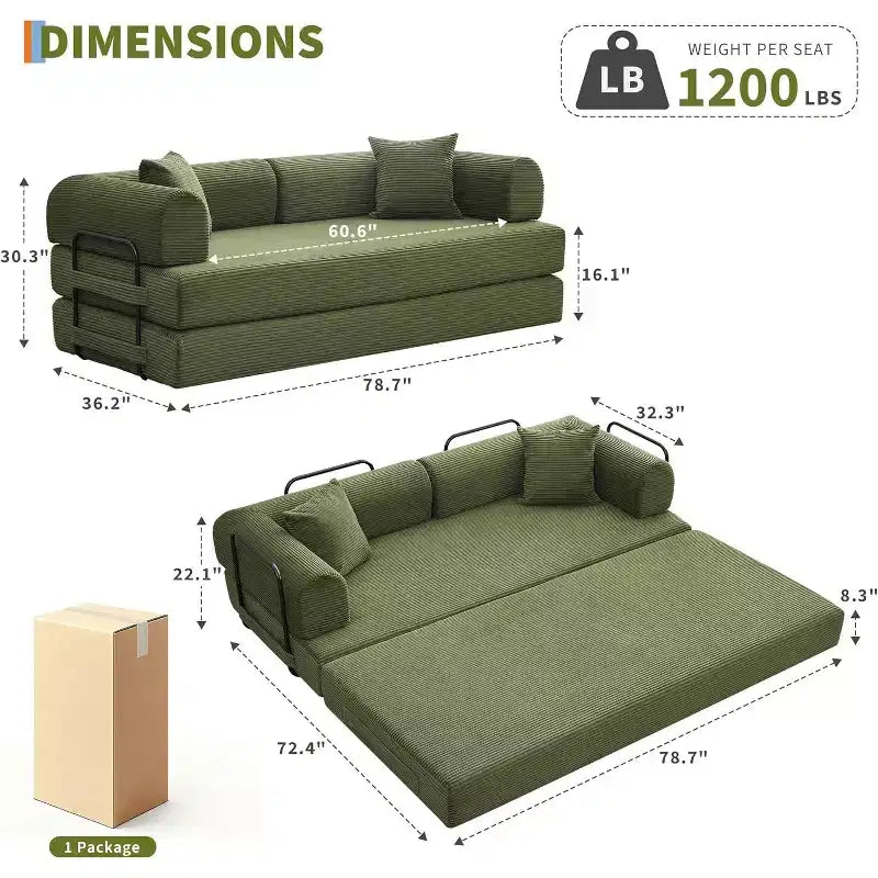2 in 1 Convertible Sofa Bed, comfortable Folding Corduroy Sofa Bed with Deep Seat and Wide Armrests, Boneless Sofa, for Living Room, Apartments
