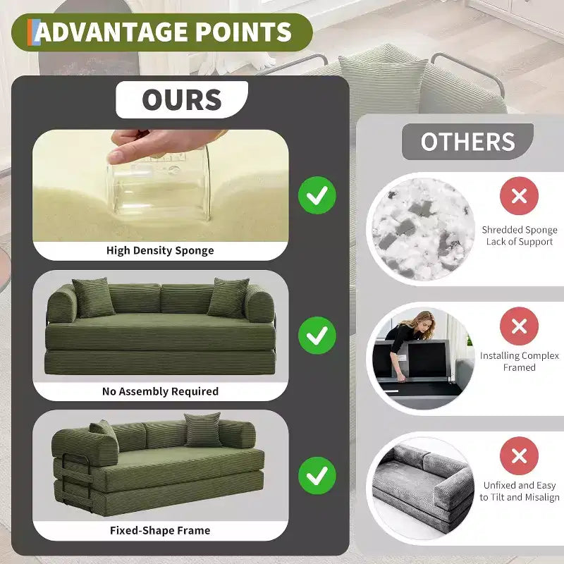 2 in 1 Convertible Sofa Bed, comfortable Folding Corduroy Sofa Bed with Deep Seat and Wide Armrests, Boneless Sofa, for Living Room, Apartments