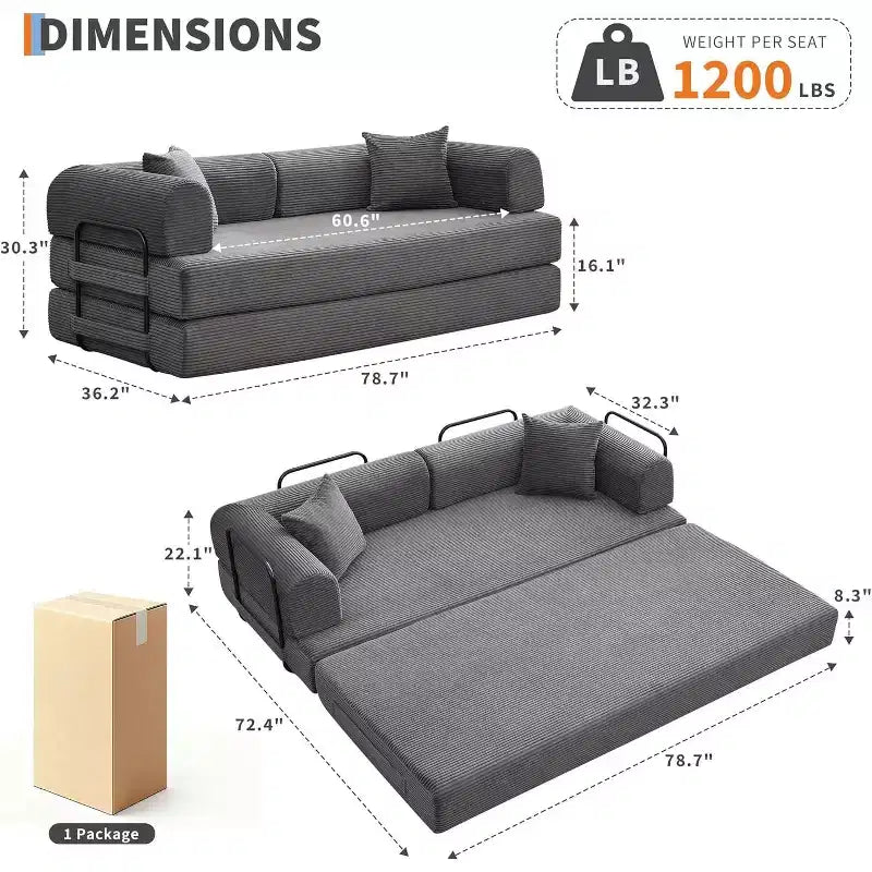 2 in 1 Convertible Sofa Bed, comfortable Folding Corduroy Sofa Bed with Deep Seat and Wide Armrests, Boneless Sofa, for Living Room, Apartments