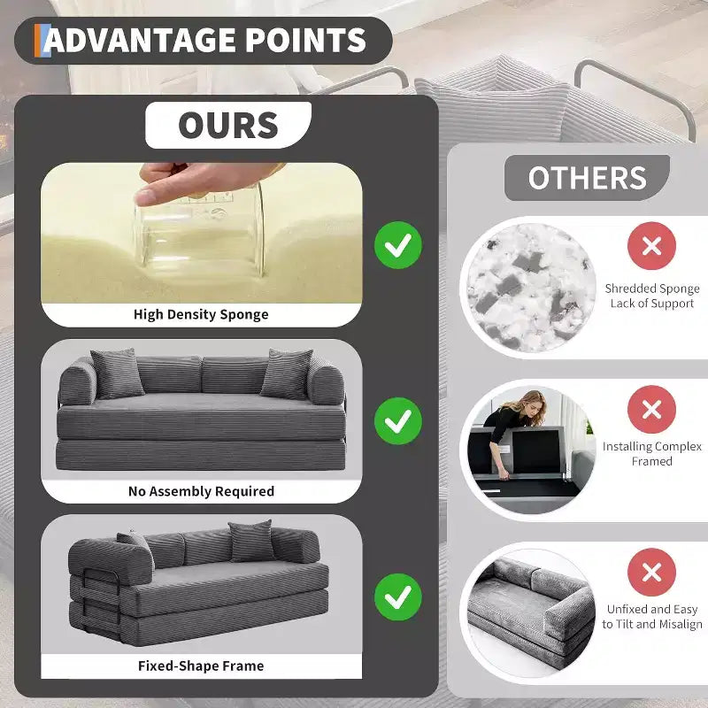 2 in 1 Convertible Sofa Bed, comfortable Folding Corduroy Sofa Bed with Deep Seat and Wide Armrests, Boneless Sofa, for Living Room, Apartments