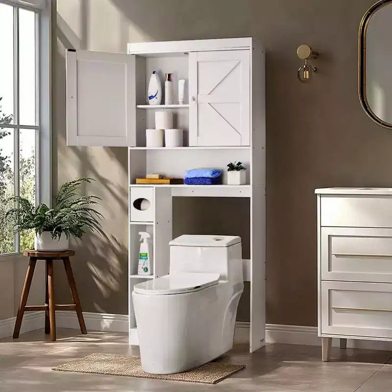 Over The Toilet Storage Cabinet 67 Inch Bathroom Organizer with Double Doors Adjustable Shelf Open Shelf White Freestanding Space Saver