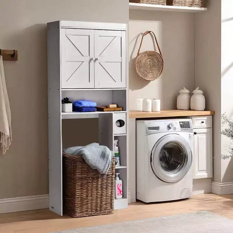 Over The Toilet Storage Cabinet 67 Inch Bathroom Organizer with Double Doors Adjustable Shelf Open Shelf White Freestanding Space Saver