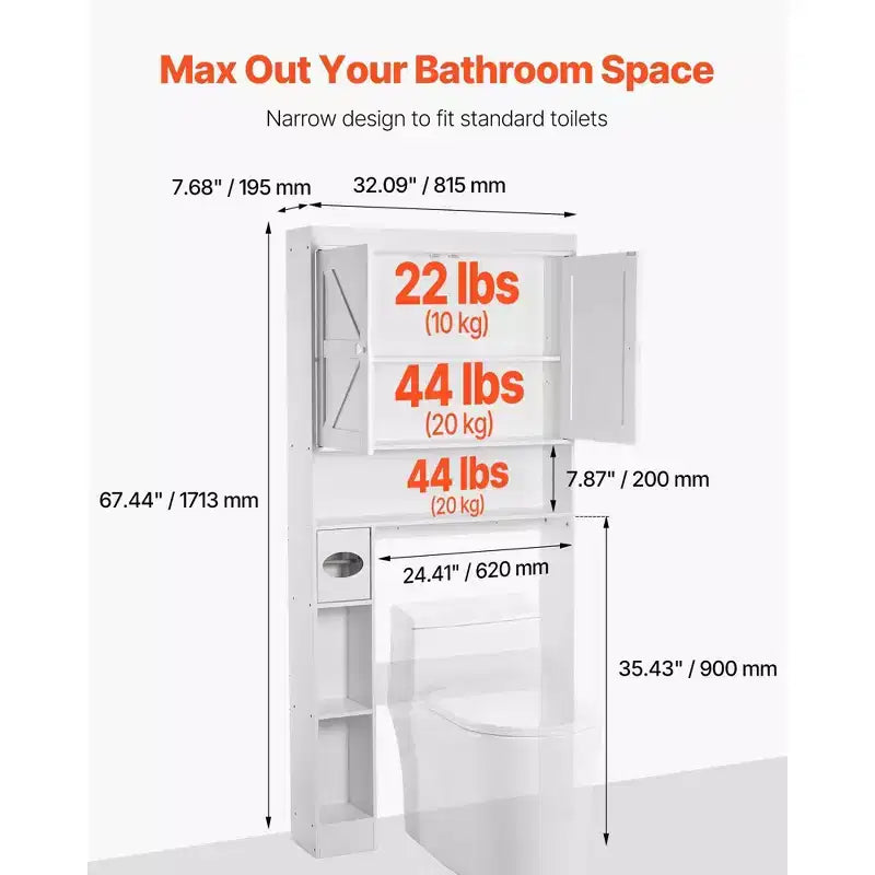Over The Toilet Storage Cabinet 67 Inch Bathroom Organizer with Double Doors Adjustable Shelf Open Shelf White Freestanding Space Saver