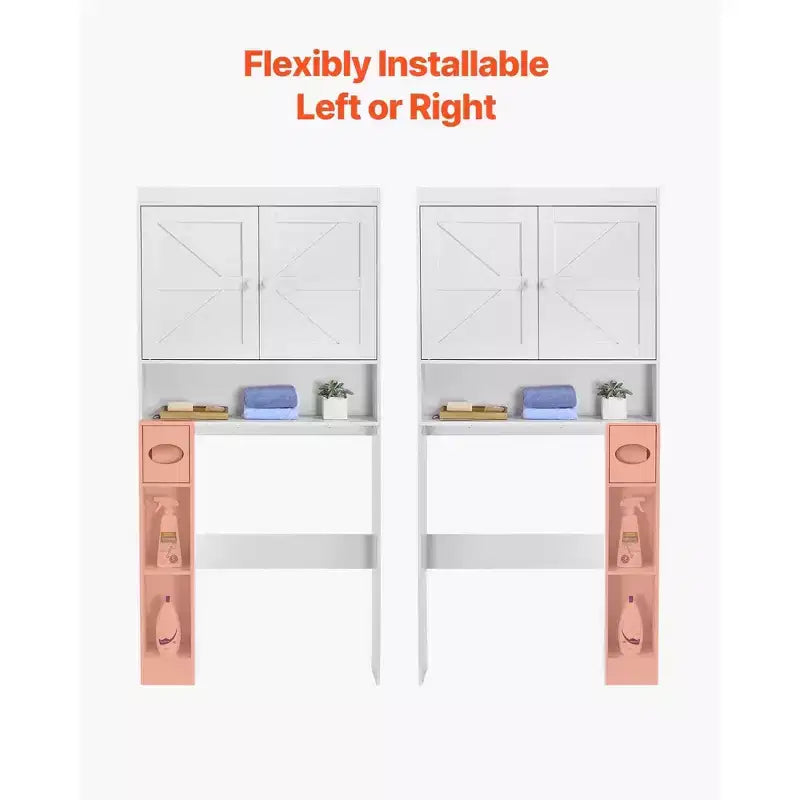 Over The Toilet Storage Cabinet 67 Inch Bathroom Organizer with Double Doors Adjustable Shelf Open Shelf White Freestanding Space Saver