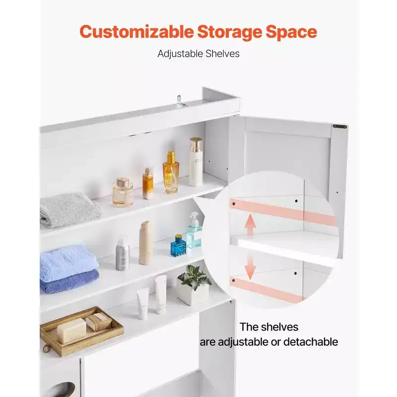 Over The Toilet Storage Cabinet 67 Inch Bathroom Organizer with Double Doors Adjustable Shelf Open Shelf White Freestanding Space Saver