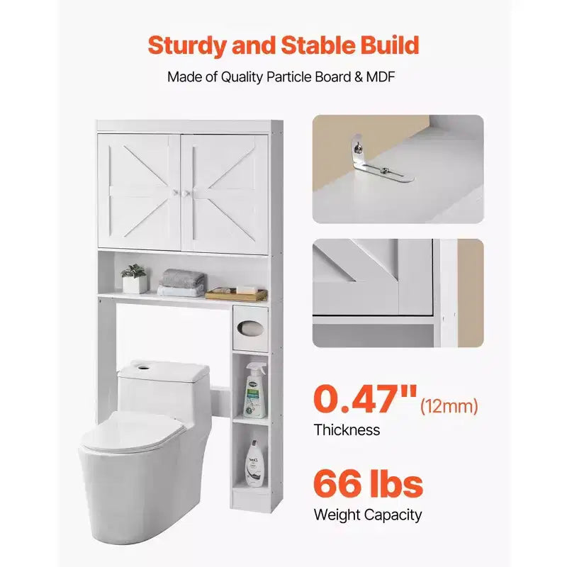 Over The Toilet Storage Cabinet 67 Inch Bathroom Organizer with Double Doors Adjustable Shelf Open Shelf White Freestanding Space Saver