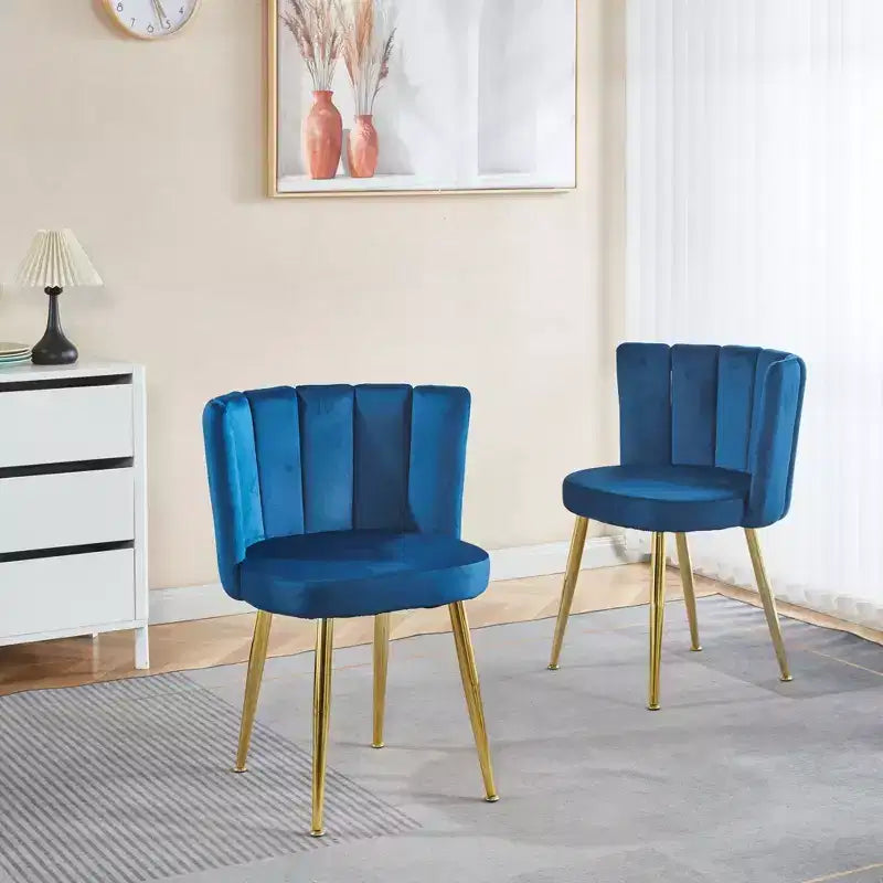 Set of 2 Modern Dining Chairs with Golden Iron Tube Legs and Velvet Cushions, Comfortable Backrest, Blue Finish