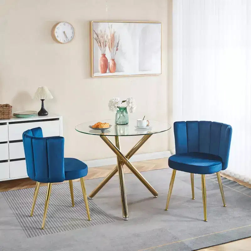 Set of 2 Modern Dining Chairs with Golden Iron Tube Legs and Velvet Cushions, Comfortable Backrest, Blue Finish