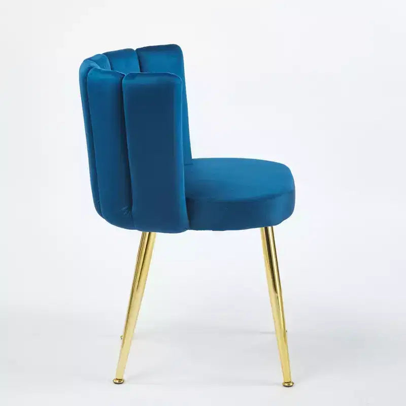 Set of 2 Modern Dining Chairs with Golden Iron Tube Legs and Velvet Cushions, Comfortable Backrest, Blue Finish
