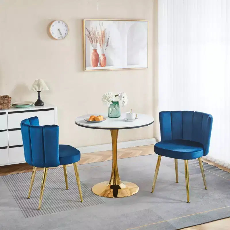 Set of 2 Modern Dining Chairs with Golden Iron Tube Legs and Velvet Cushions, Comfortable Backrest, Blue Finish