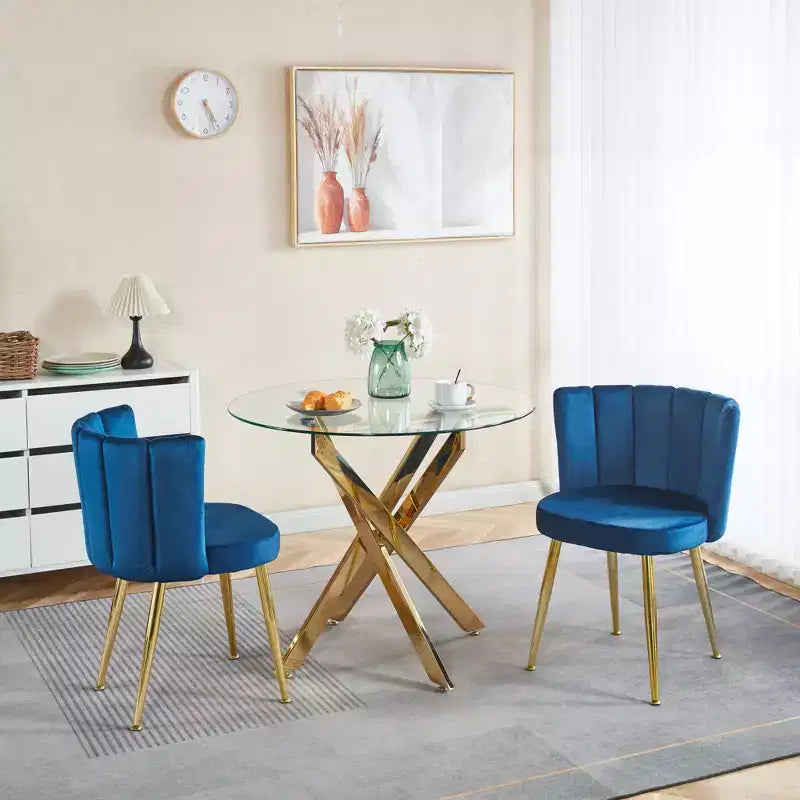 Set of 2 Modern Dining Chairs with Golden Iron Tube Legs and Velvet Cushions, Comfortable Backrest, Blue Finish