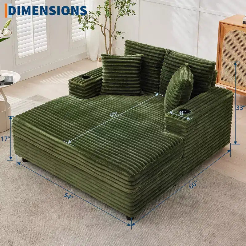 60 Oversized Corduroy Chaise Lounge Chair, Deep Seat Reading Couch with Cup Holder & Throw Pillows for Living Room or Bedroom