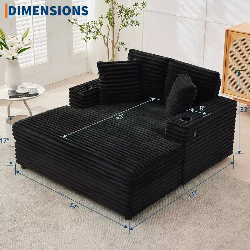 60 Oversized Corduroy Chaise Lounge Chair, Deep Seat Reading Couch with Cup Holder & Throw Pillows for Living Room or Bedroom
