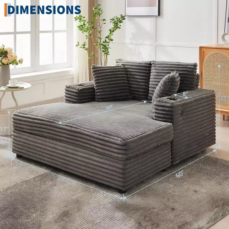 60 Oversized Corduroy Chaise Lounge Chair, Deep Seat Reading Couch with Cup Holder & Throw Pillows for Living Room or Bedroom