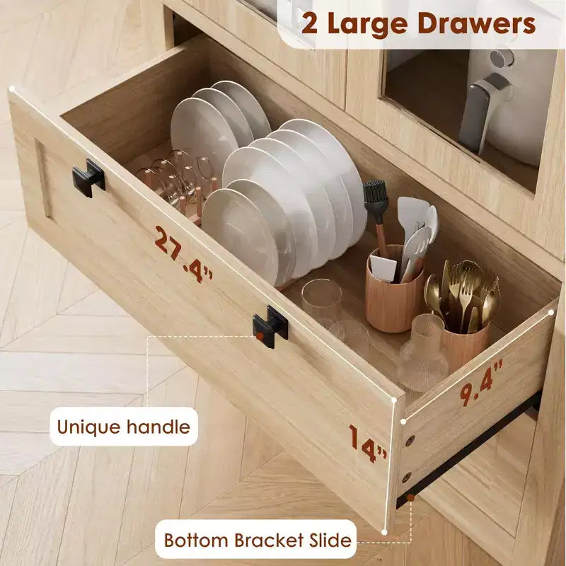 71 Tall Kitchen Pantry Cabinet - Modern Display Storage Cabinet with 2 Large Drawers, Glass Doors, and Adjustable Shelves,Farmhouse Kitchen Cupboard