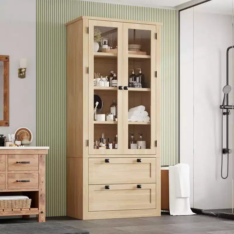 71 Tall Kitchen Pantry Cabinet - Modern Display Storage Cabinet with 2 Large Drawers, Glass Doors, and Adjustable Shelves,Farmhouse Kitchen Cupboard