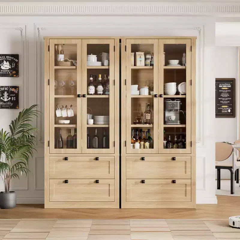 71 Tall Kitchen Pantry Cabinet - Modern Display Storage Cabinet with 2 Large Drawers, Glass Doors, and Adjustable Shelves,Farmhouse Kitchen Cupboard