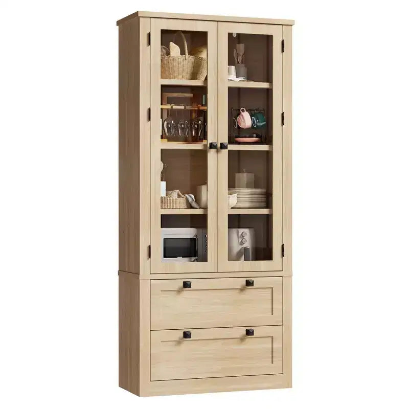 71 Tall Kitchen Pantry Cabinet - Modern Display Storage Cabinet with 2 Large Drawers, Glass Doors, and Adjustable Shelves,Farmhouse Kitchen Cupboard