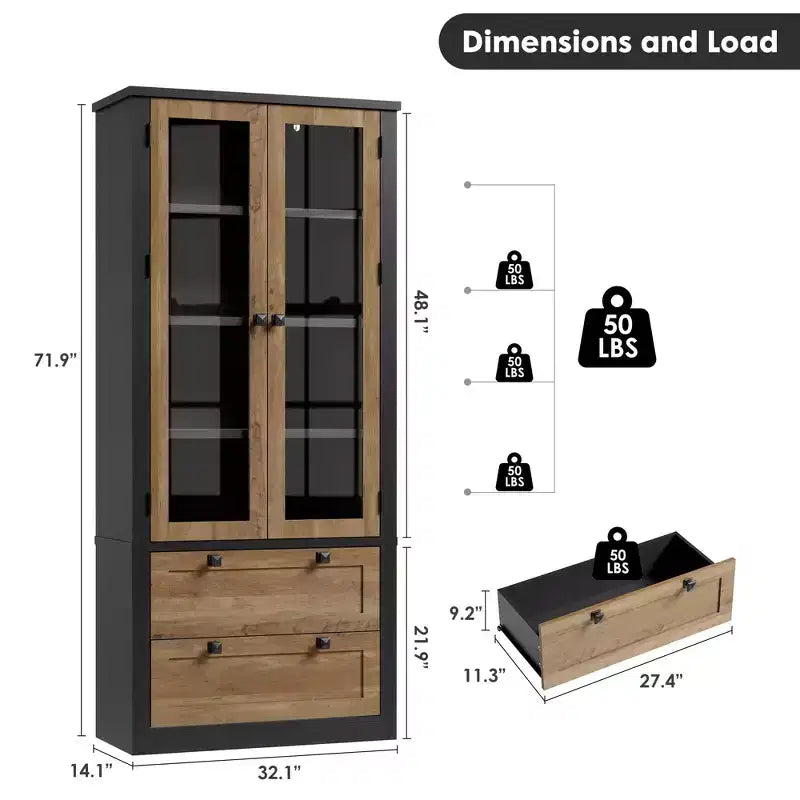 71 Tall Kitchen Pantry Cabinet - Modern Display Storage Cabinet with 2 Large Drawers, Glass Doors, and Adjustable Shelves,Farmhouse Kitchen Cupboard