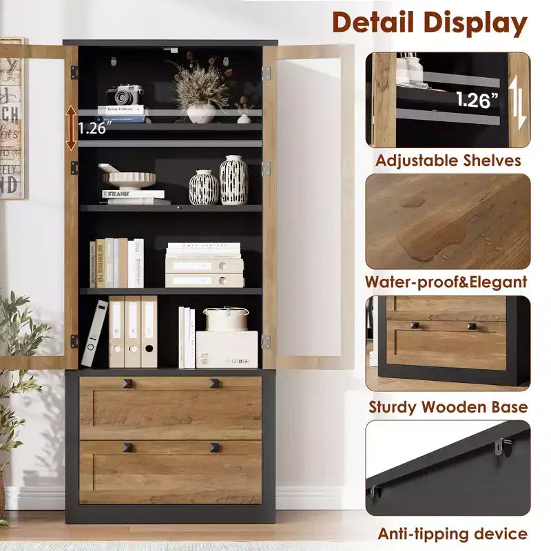 71 Tall Kitchen Pantry Cabinet - Modern Display Storage Cabinet with 2 Large Drawers, Glass Doors, and Adjustable Shelves,Farmhouse Kitchen Cupboard