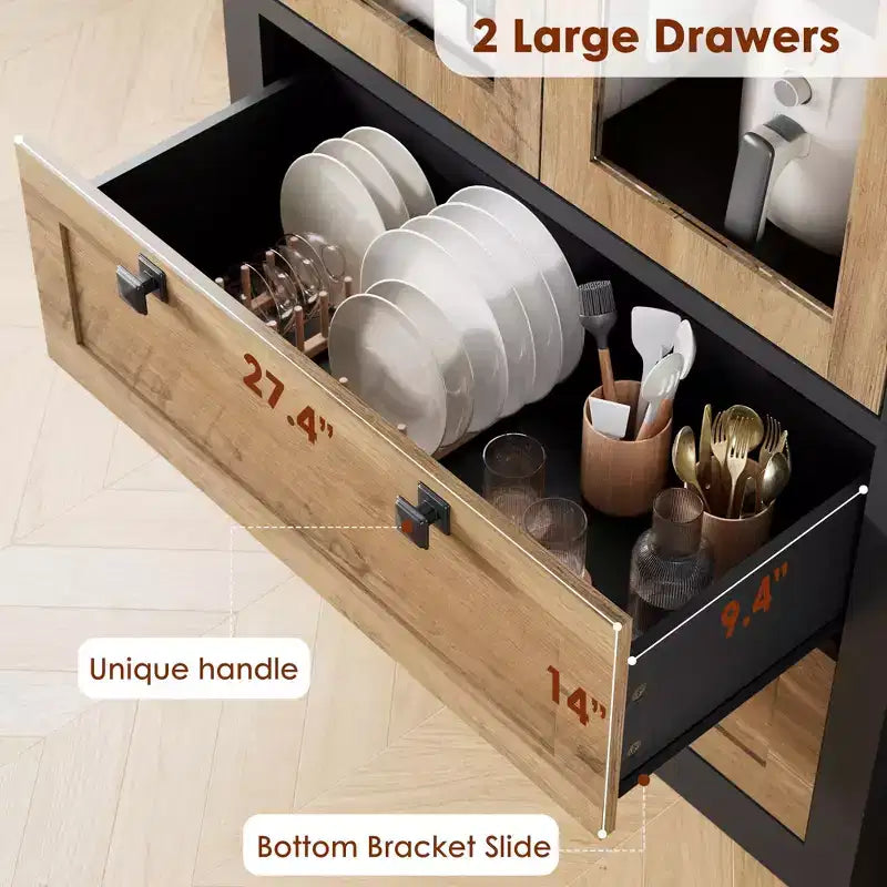71 Tall Kitchen Pantry Cabinet - Modern Display Storage Cabinet with 2 Large Drawers, Glass Doors, and Adjustable Shelves,Farmhouse Kitchen Cupboard
