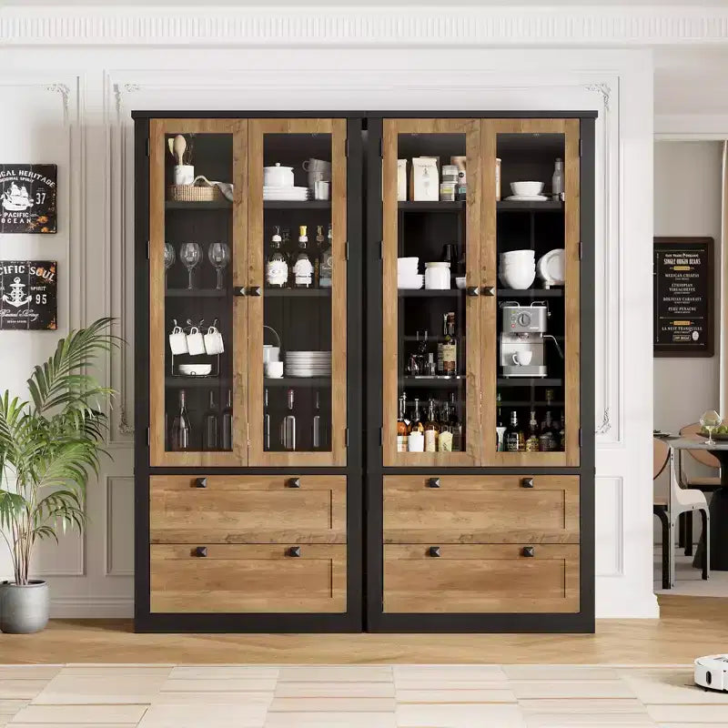 71 Tall Kitchen Pantry Cabinet - Modern Display Storage Cabinet with 2 Large Drawers, Glass Doors, and Adjustable Shelves,Farmhouse Kitchen Cupboard