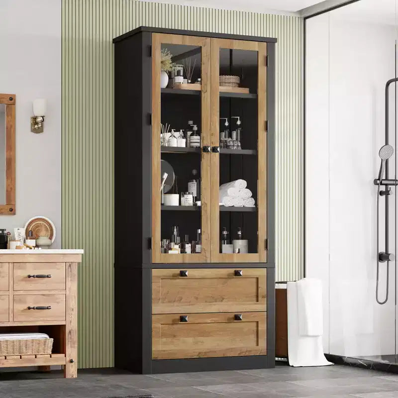 71 Tall Kitchen Pantry Cabinet - Modern Display Storage Cabinet with 2 Large Drawers, Glass Doors, and Adjustable Shelves,Farmhouse Kitchen Cupboard