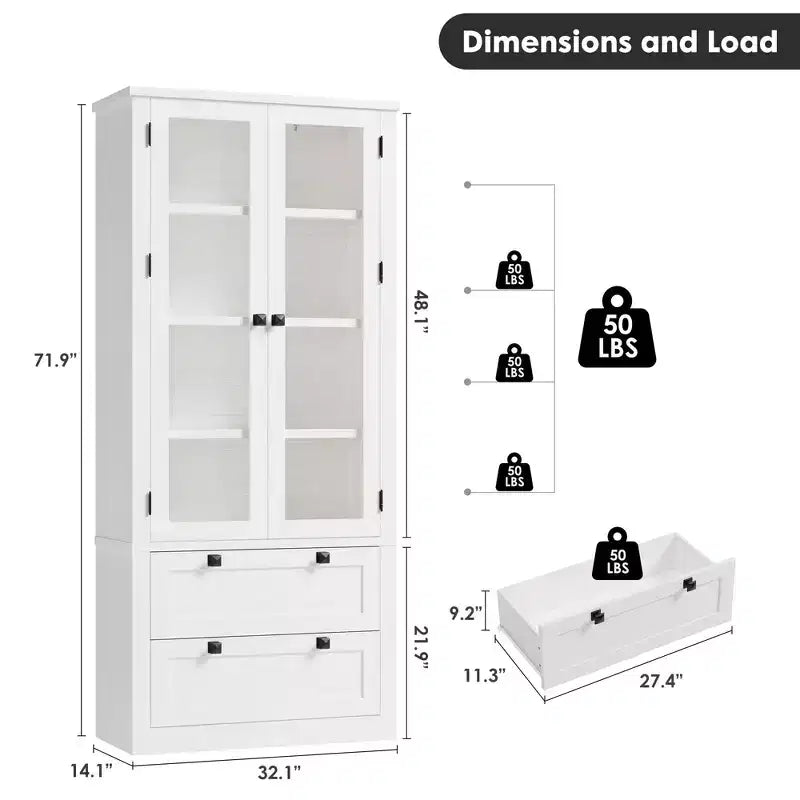 71 Tall Kitchen Pantry Cabinet - Modern Display Storage Cabinet with 2 Large Drawers, Glass Doors, and Adjustable Shelves,Farmhouse Kitchen Cupboard