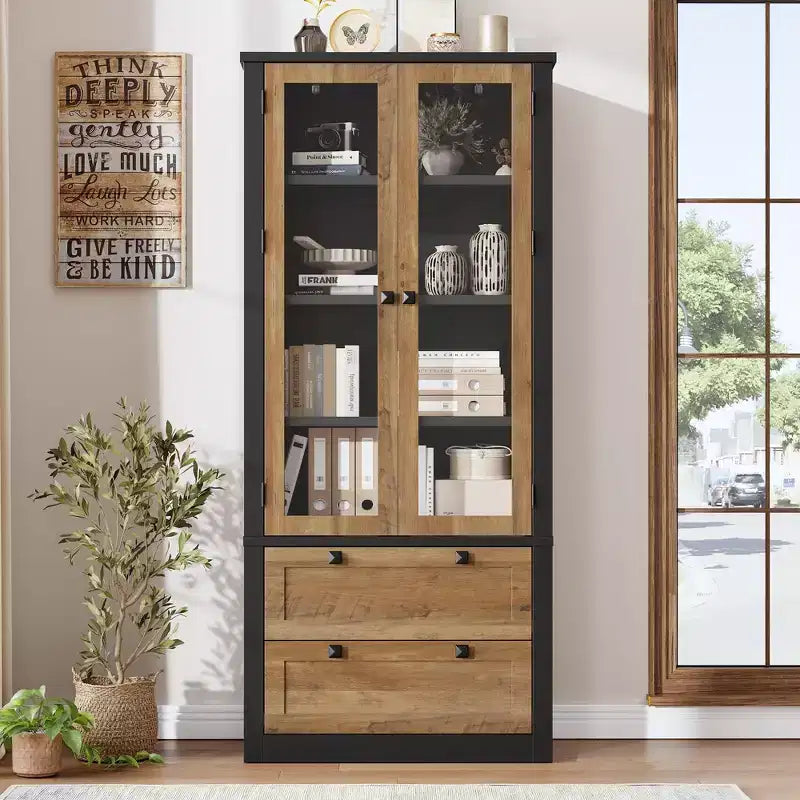71 Tall Kitchen Pantry Cabinet - Modern Display Storage Cabinet with 2 Large Drawers, Glass Doors, and Adjustable Shelves,Farmhouse Kitchen Cupboard