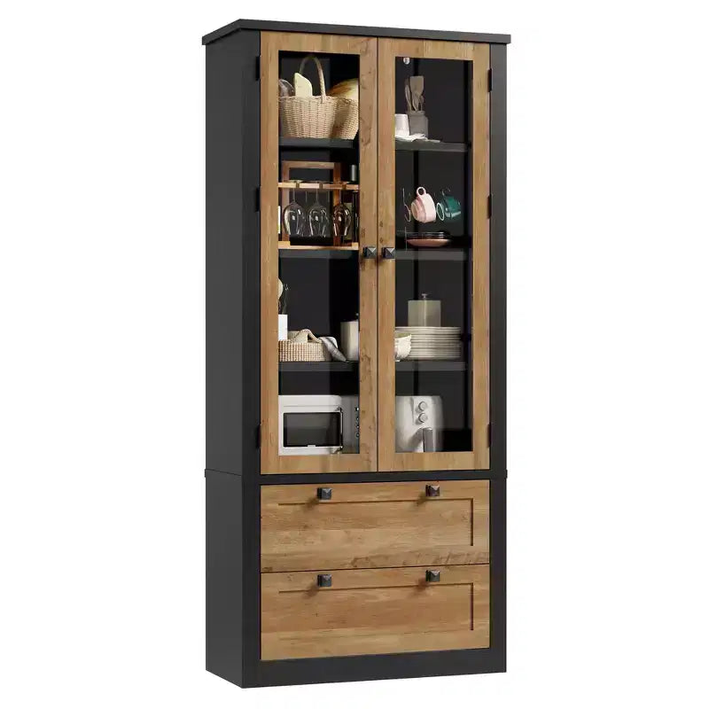 71 Tall Kitchen Pantry Cabinet - Modern Display Storage Cabinet with 2 Large Drawers, Glass Doors, and Adjustable Shelves,Farmhouse Kitchen Cupboard