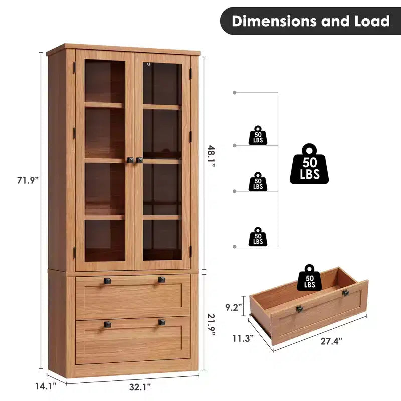 71 Tall Kitchen Pantry Cabinet - Modern Display Storage Cabinet with 2 Large Drawers, Glass Doors, and Adjustable Shelves,Farmhouse Kitchen Cupboard