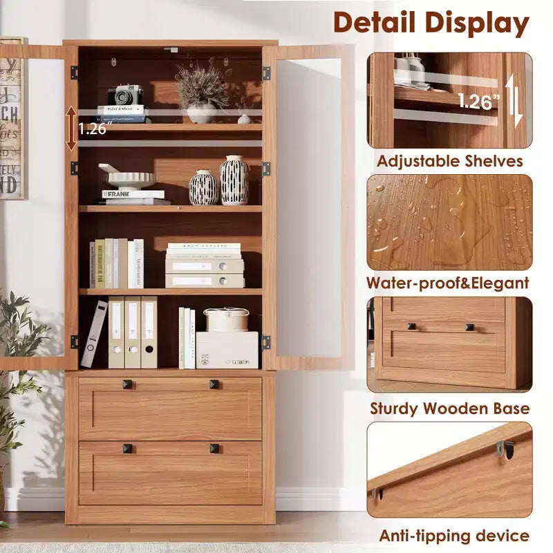 71 Tall Kitchen Pantry Cabinet - Modern Display Storage Cabinet with 2 Large Drawers, Glass Doors, and Adjustable Shelves,Farmhouse Kitchen Cupboard