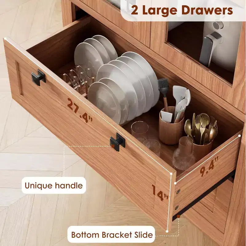71 Tall Kitchen Pantry Cabinet - Modern Display Storage Cabinet with 2 Large Drawers, Glass Doors, and Adjustable Shelves,Farmhouse Kitchen Cupboard