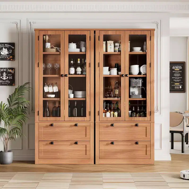 71 Tall Kitchen Pantry Cabinet - Modern Display Storage Cabinet with 2 Large Drawers, Glass Doors, and Adjustable Shelves,Farmhouse Kitchen Cupboard