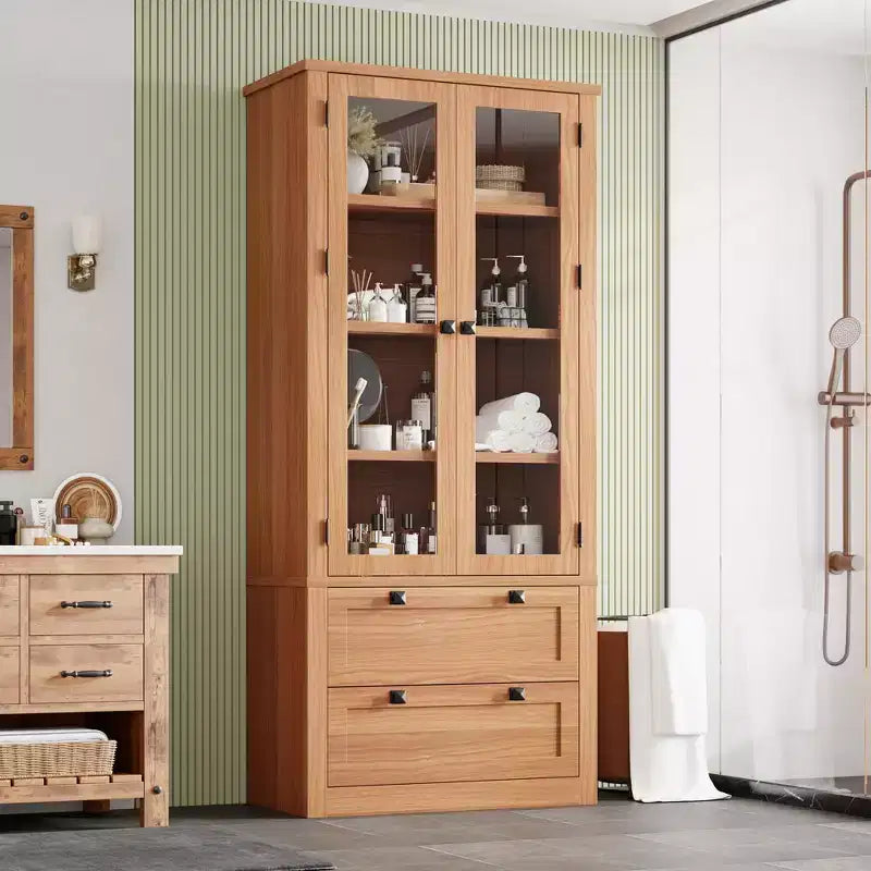 71 Tall Kitchen Pantry Cabinet - Modern Display Storage Cabinet with 2 Large Drawers, Glass Doors, and Adjustable Shelves,Farmhouse Kitchen Cupboard