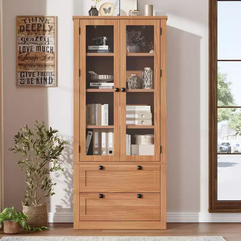 71 Tall Kitchen Pantry Cabinet - Modern Display Storage Cabinet with 2 Large Drawers, Glass Doors, and Adjustable Shelves,Farmhouse Kitchen Cupboard