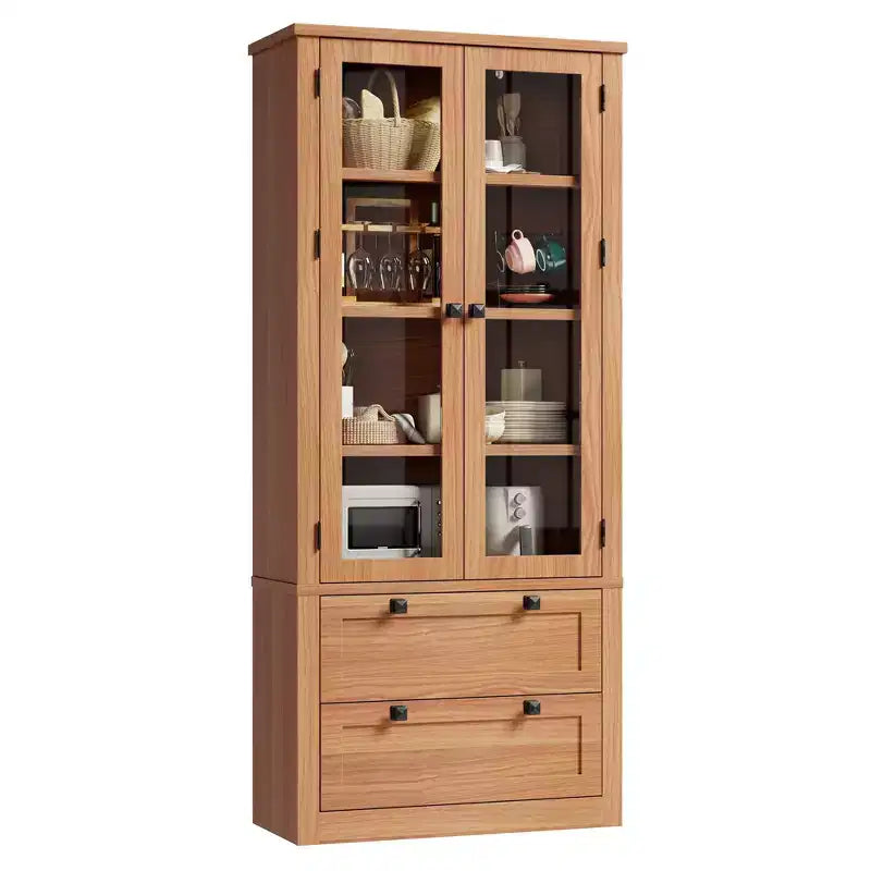 71 Tall Kitchen Pantry Cabinet - Modern Display Storage Cabinet with 2 Large Drawers, Glass Doors, and Adjustable Shelves,Farmhouse Kitchen Cupboard